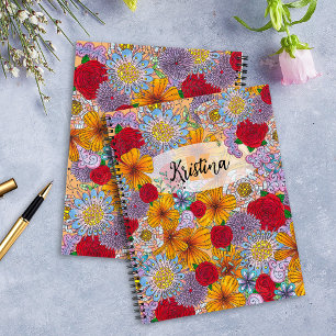 Orange Red Purple Garden Doodle Flowers Notebook