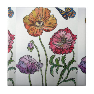 Orange Red Purple Poppy Watercolor Flower Pattern Ceramic Tile