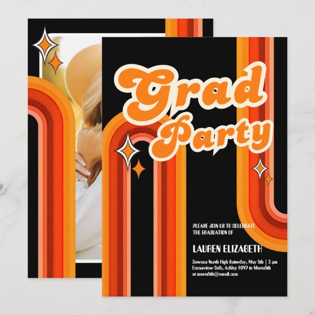  Orange &Red Rainbow Typography Summer Sun Grad Invitation (Front/Back)