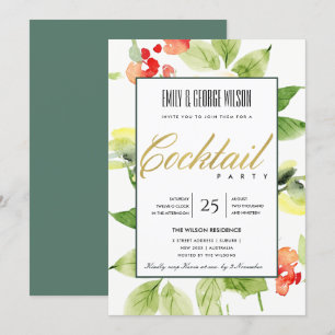 ORANGE RED ROSE WATERCOLOR FLORAL COCKTAIL PARTY INVITATION