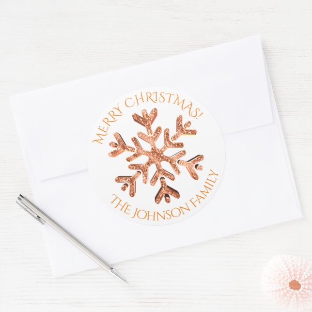 Orange Red Snowflake Elegant Modern Christmas Classic Round Sticker (Envelope)