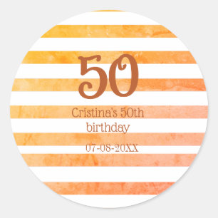 Orange red striped 50th birthday brown name retro classic round sticker