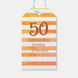 Orange red striped 50th birthday brown name retro gift tags