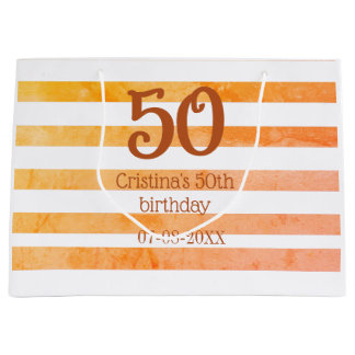 Orange red striped 50th birthday brown name retro large gift bag