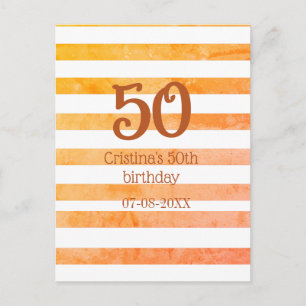 Orange red striped 50th birthday brown name retro postcard