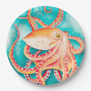 Orange Red Tentacles Octopus Watercolor Paper Plate