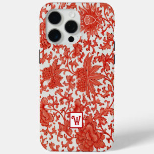Orange Red Vintage Chinese Floral Pattern Monogram iPhone 15 Pro Max Case