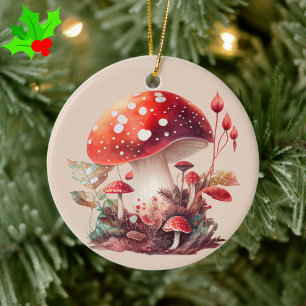 Orange Red Woodland Mushroom Cottagecore Ceramic Ornament