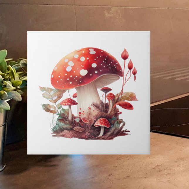Orange Red Woodland Mushroom Cottagecore Ceramic Tile (Add Cottagecore charm to your home with this red and orange woodland mushroom tile!)