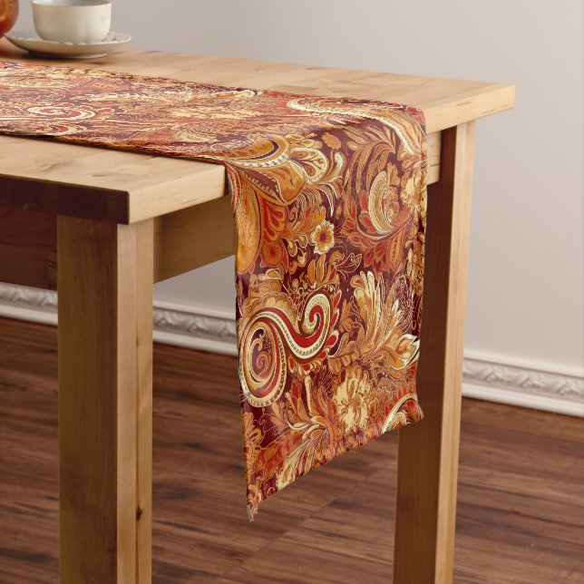 Orange Red Yellow Paisley Pattern Short Table Runner (In Situ)