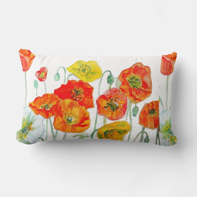 Orange Red Yellow Poppy Watercolor Cushion White (Front)