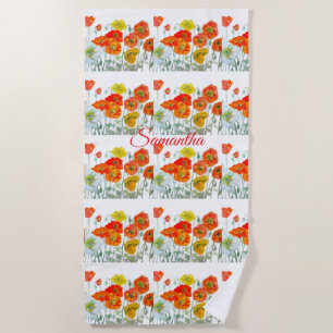 Orange Red Yellow Poppy Watercolor Girls Name Beach Towel