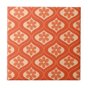 Orange retro 70s flower on ogee pattern ceramic tile