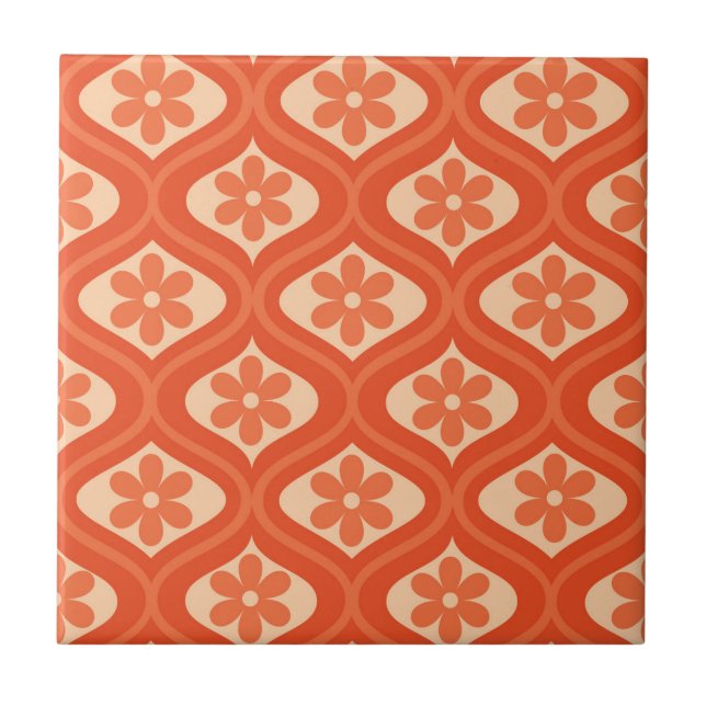 Orange retro 70s flower on ogee pattern ceramic tile (Front)