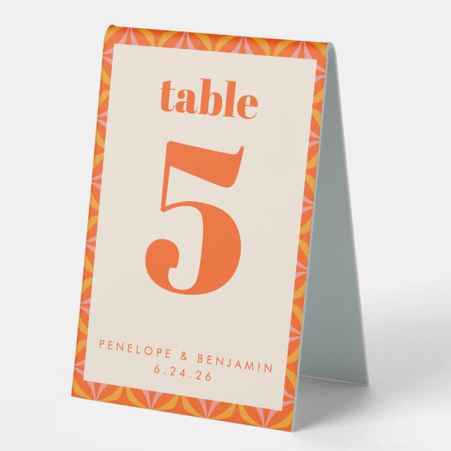 Orange Retro 70s Petal Border Wedding Number (Front)