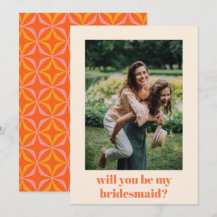 Orange Retro 70s Photo Will You Be My Bridesmaid Card