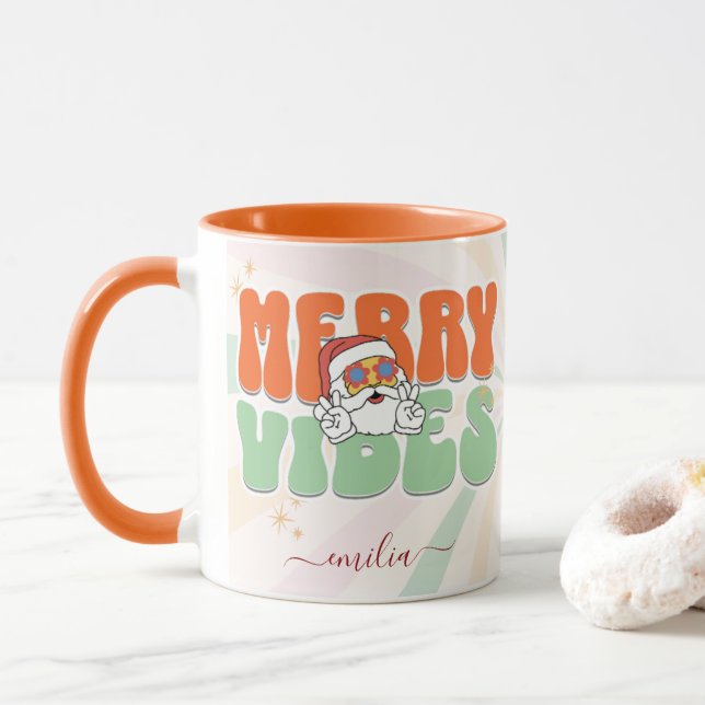 Orange Retro 70s Themed Merry Vibes Custom Name Mug (With Donut)