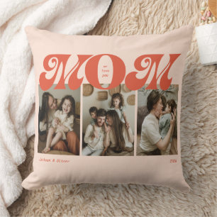 Orange Retro Bold Mom 3 Photo Collage Cushion