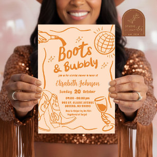 Orange Retro Boots and Bubbly Bridal Shower Invitation