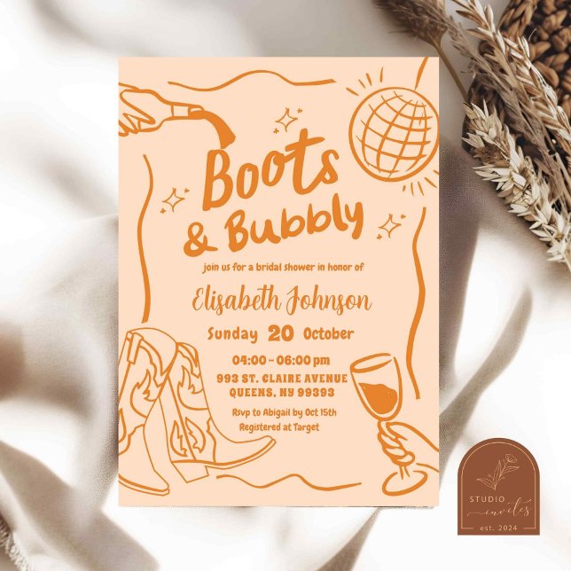 Orange Retro Boots and Bubbly Bridal Shower Invitation (Creator Uploaded)