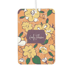 Orange Retro Botanical Yellow Flowers Custom Name Car Air Freshener