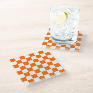 Orange Retro Checks Chequerboard Pattern   Glass Coaster