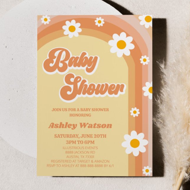 Orange Retro Daisy Flower Baby Shower Invitation (Creator Uploaded)