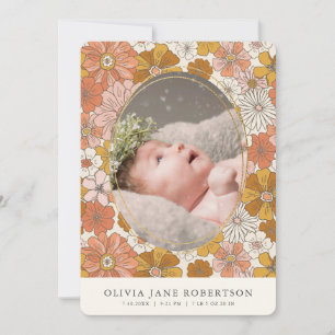 Orange Retro Floral Girl Photo Birth Announcement