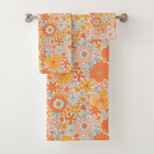 Orange Retro Flower Pattern Bath Towel Set