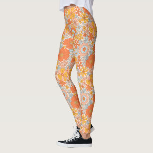 Orange Retro Flower Pattern Leggings