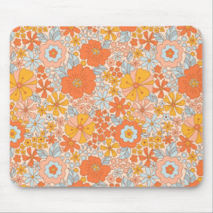 Orange Retro Flower Pattern Mouse Pad