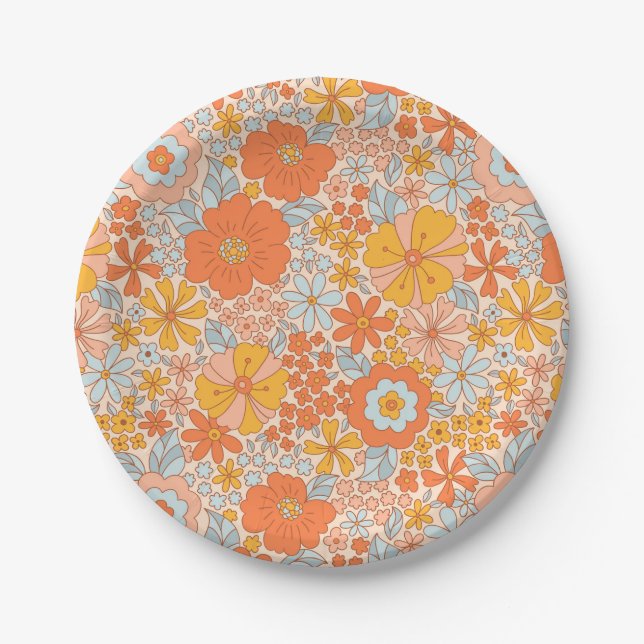Orange Retro Flower Pattern Paper Plate (Front)
