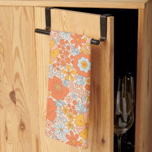 Orange Retro Flower Pattern Tea Towel