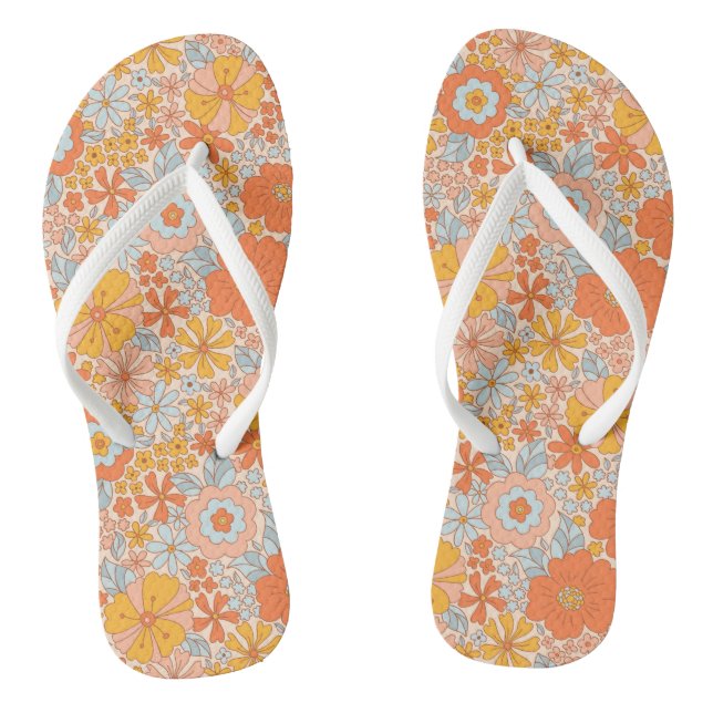 Orange Retro Flower Pattern Thongs (Footbed)