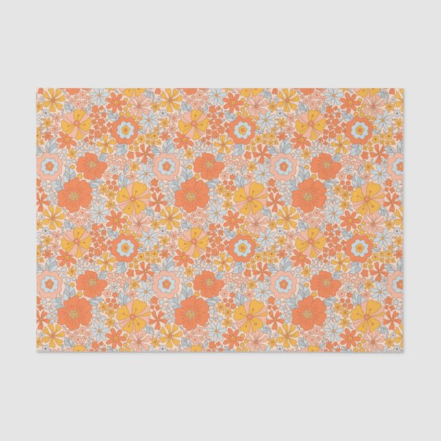 Orange Retro Flower Pattern Tissue Paper (Front)