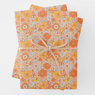 Orange Retro Flower Pattern Wrapping Paper Sheet