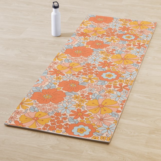 Orange Retro Flower Pattern Yoga Mat (In Situ)