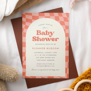Orange Retro Groovy 70s Chequerboard Baby Shower Invitation