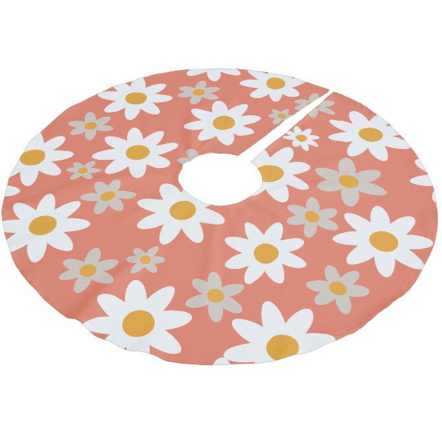 Orange Retro Groovy Daisy Pattern Holiday  Brushed Polyester Tree Skirt (Angled)