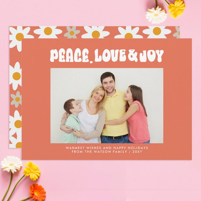 Orange Retro Groovy Peace Love Joy Photo Holiday Card (Orange Retro Groovy Peace Love Joy Photo Holiday Card)