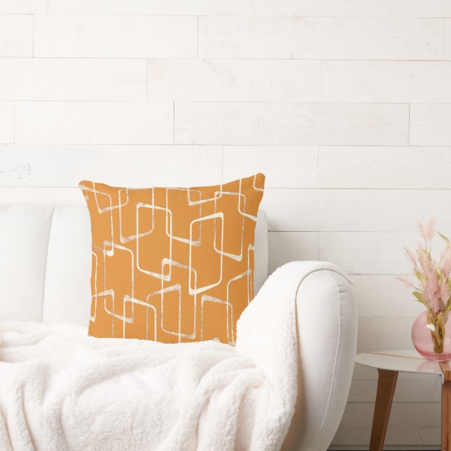 Orange Retro Lino Print Geometric Pattern Cushion (Couch)