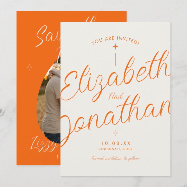 Orange Retro Modern Bold Script Photo Wedding Save The Date (Front/Back)