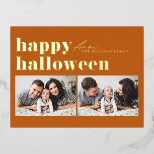 Orange Retro Typography Happy Halloween Two Photo  Foil Holiday Postcard