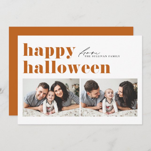 Orange Retro Typography Happy Halloween Two Photo  Holiday Card (Front/Back)