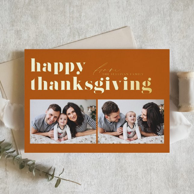 Orange Retro Typography Happy Thanksgiving Photo  Foil Holiday Card (Creator Uploaded)