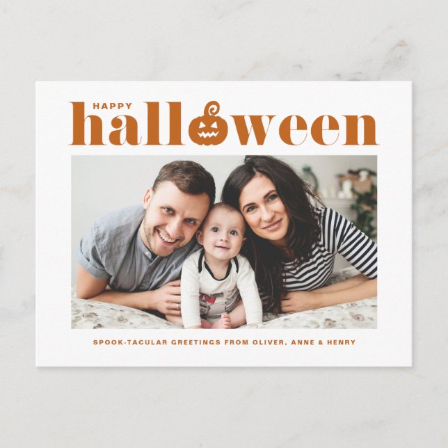Orange Retro Typography Photo Happy Halloween Announcement Postcard (Front)