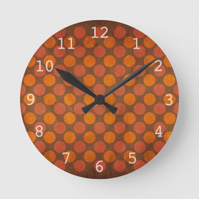Orange retro vintage dots pattern round clock (Front)