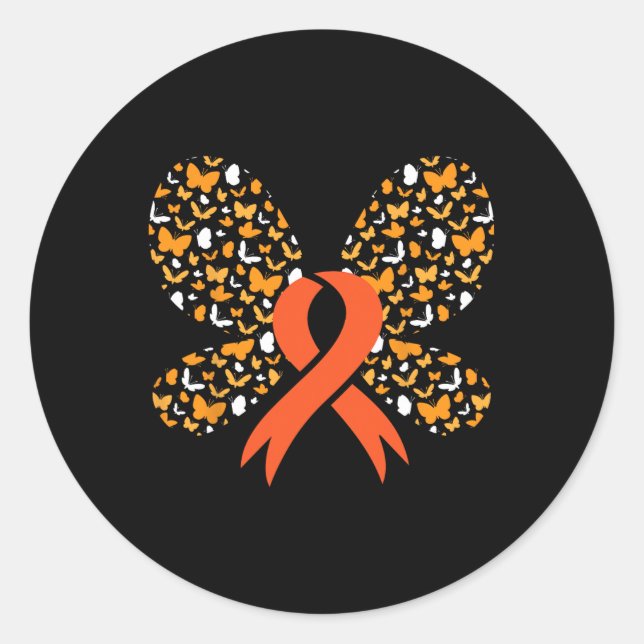 Orange Ribbon Butterfly Leukaemia Awareness Surviv Classic Round Sticker (Front)