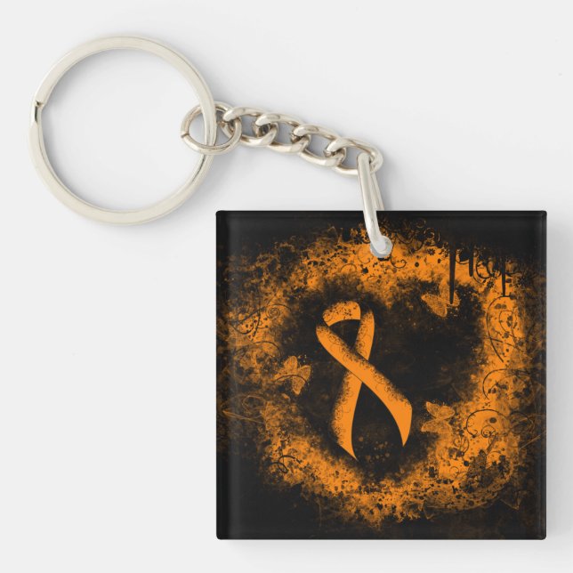 Orange Ribbon Grunge Heart Key Ring (Front)