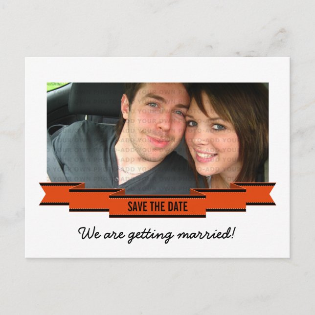 Orange Ribbon Photo Save the Date Postcard (Front)